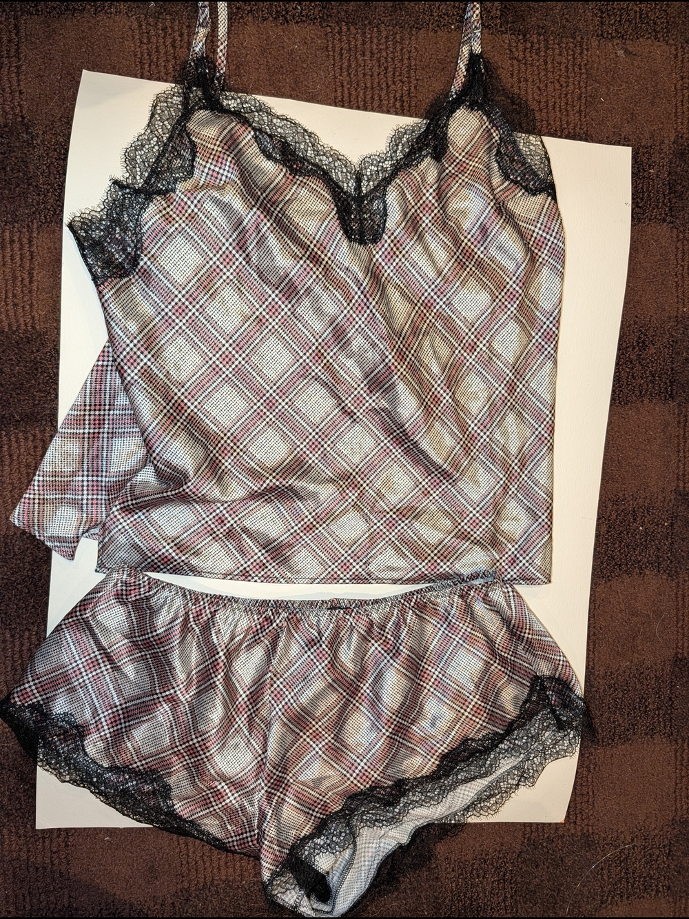 Victoria's Secret Red-Black Plaid Satin Cami & Short Set